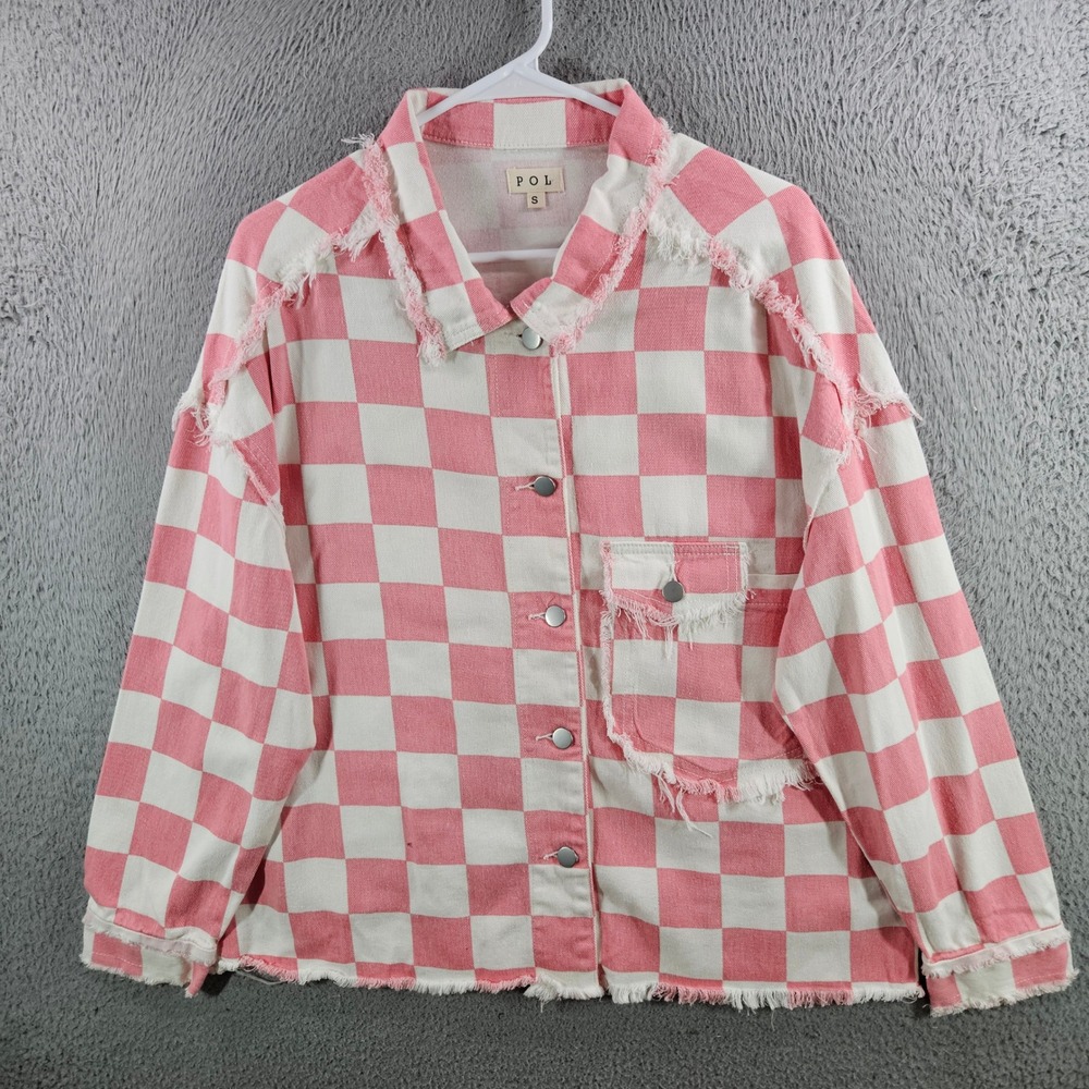 POL Pink White Checkerboard Raw Hem Denim Jacket Womens Small